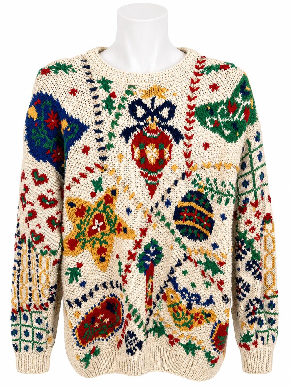Hand Knitted Vintage Northern Isles Christmas Sweater Shoulder Pads Cotton XL